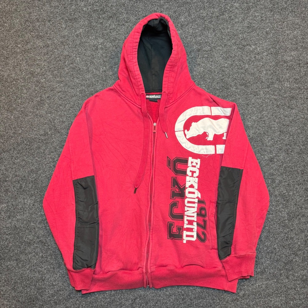 Ecko Unltd Mens Red Zip Up Hoodie Rhino Logo Streetwear XL